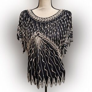 Vintage Showmax Beaded Silk Top 1980s Art Deco Glam Size Large